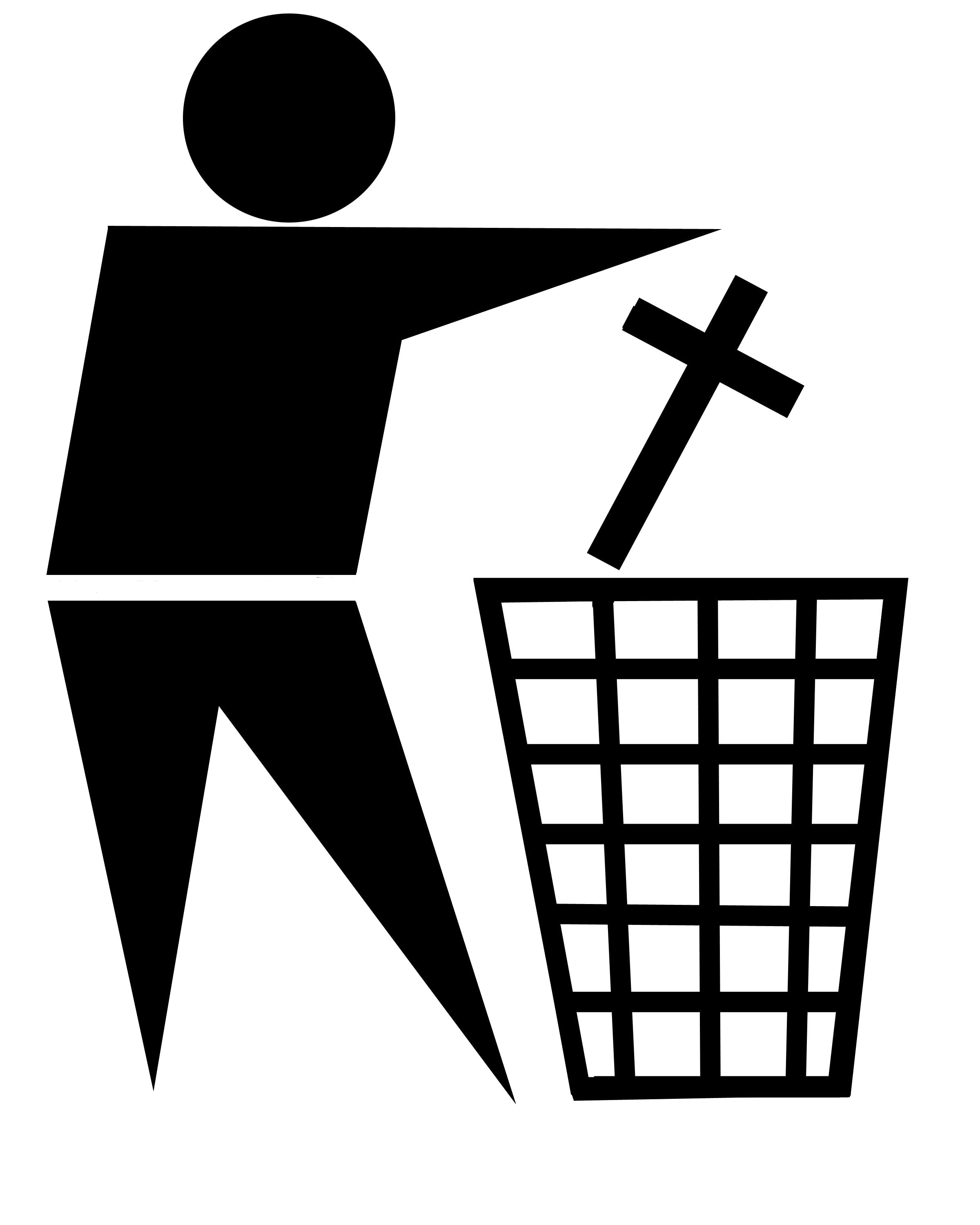 standard waste bin sign with religious cross being discarded